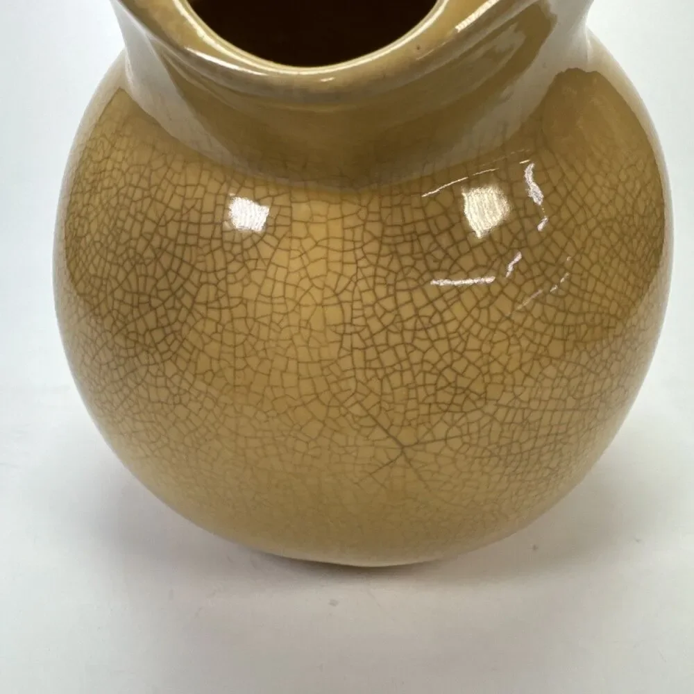 Vintage MCM Yellow Crazed Porcelain Water Pitcher USA w/ Ice Catcher 7